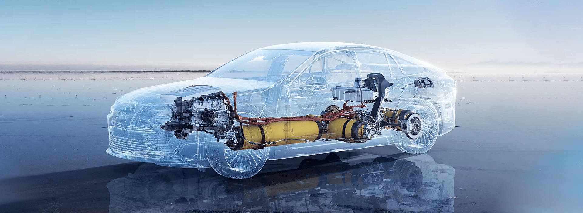 skeleton of toyota mirai with lighted driving elements