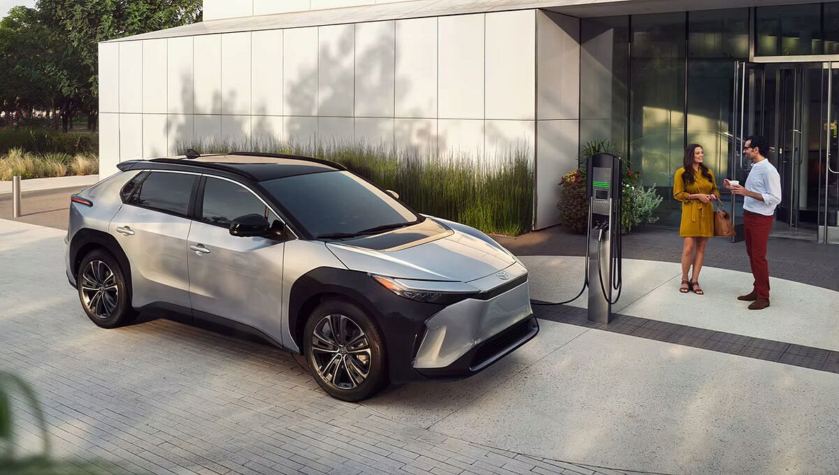 Gray toyota bz4x at home charging station