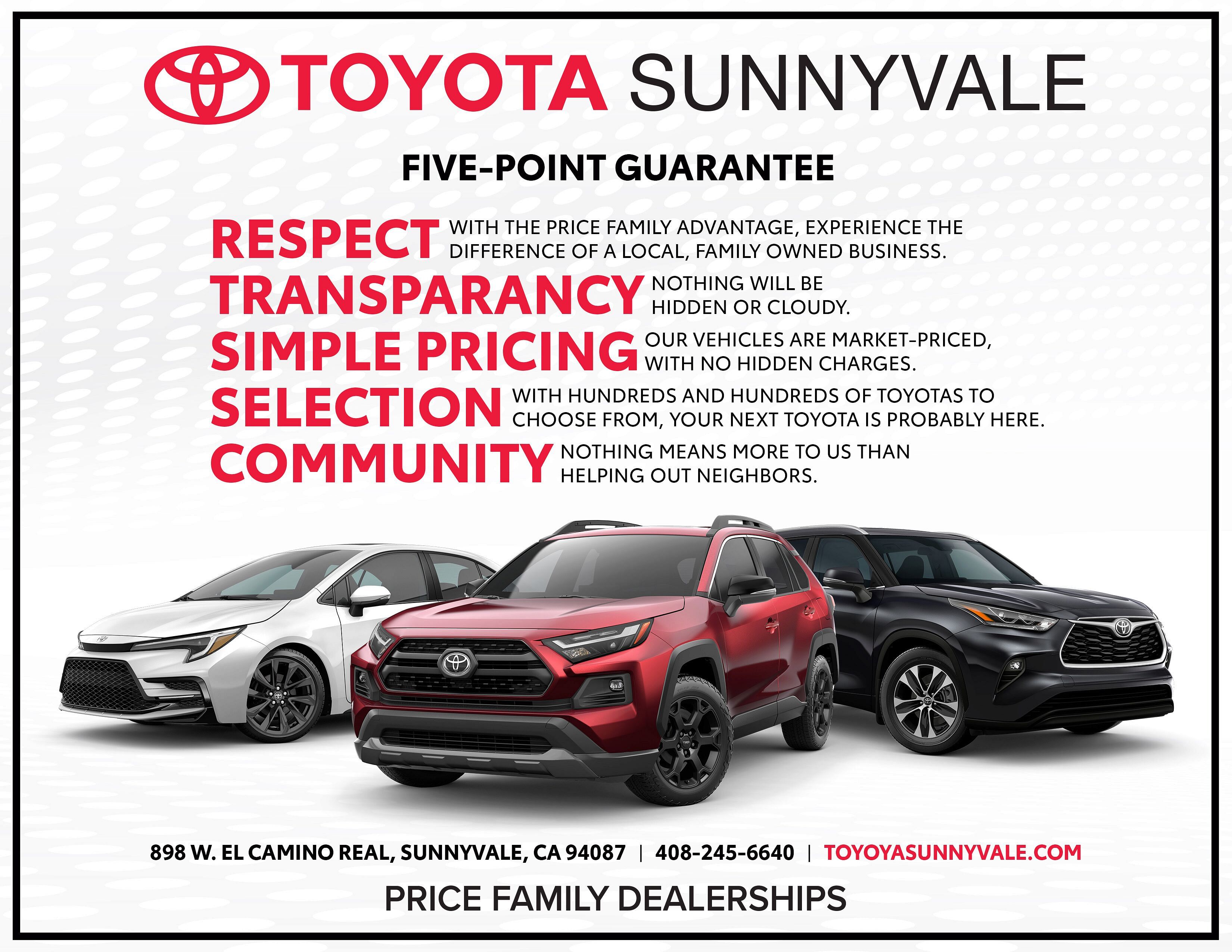 Respect, transparency, simple pricing, selection, comunity guarantee values and 3 different Toyots